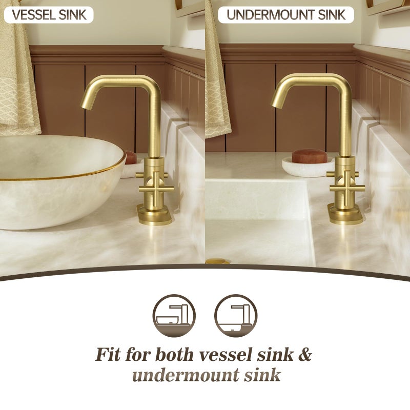 Phiestina Brushed Gold 2-Handle 4 Inch Centerset Single Hole Bathroom Faucet with Drain,Deck Plate and Supply Hoses, Fit for 1 or 3 Hole, SGF002-10-BG - Image 3